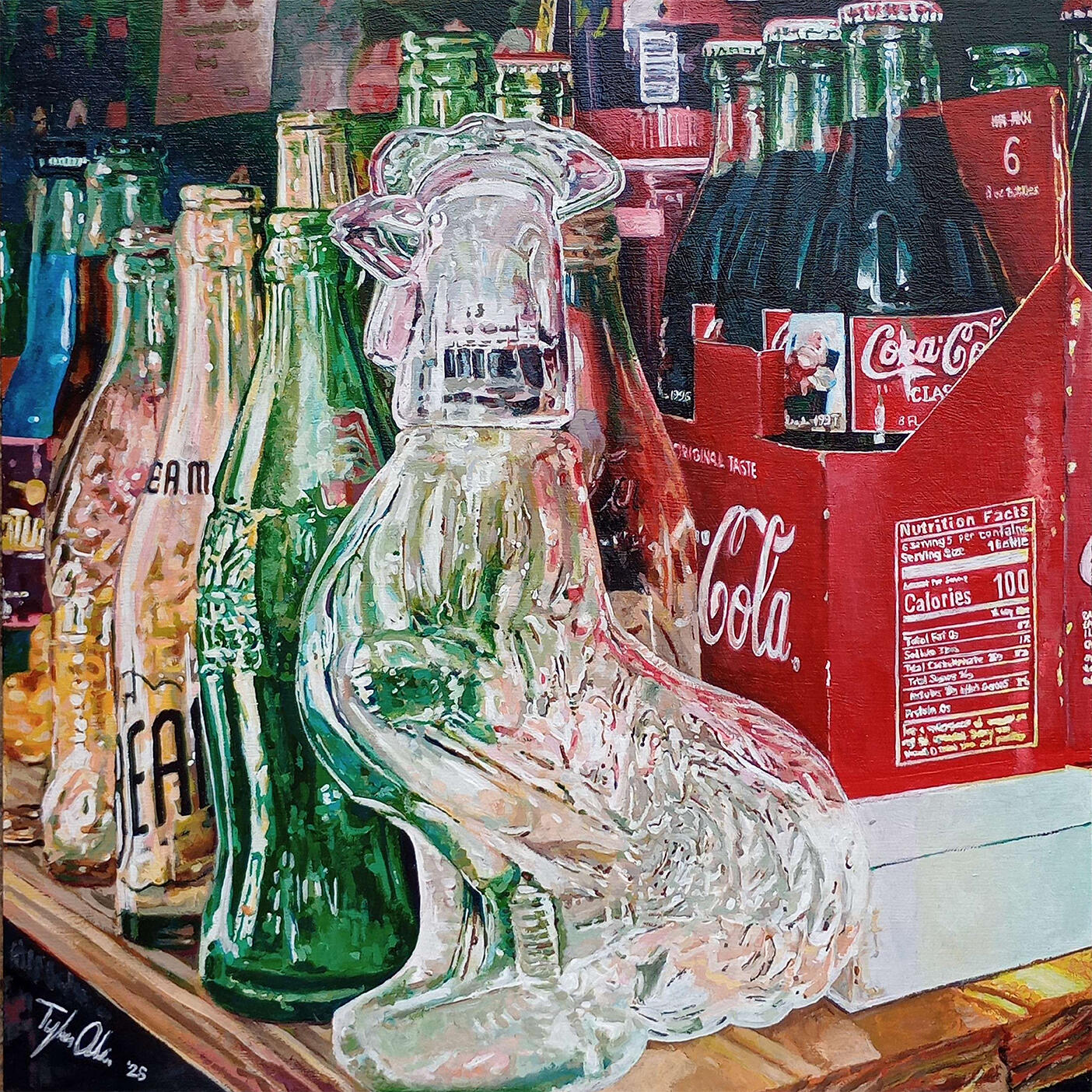 An acrylic painting of a glass chicken bottle arranged with varying other bottles and displayed on a wooden shelf.