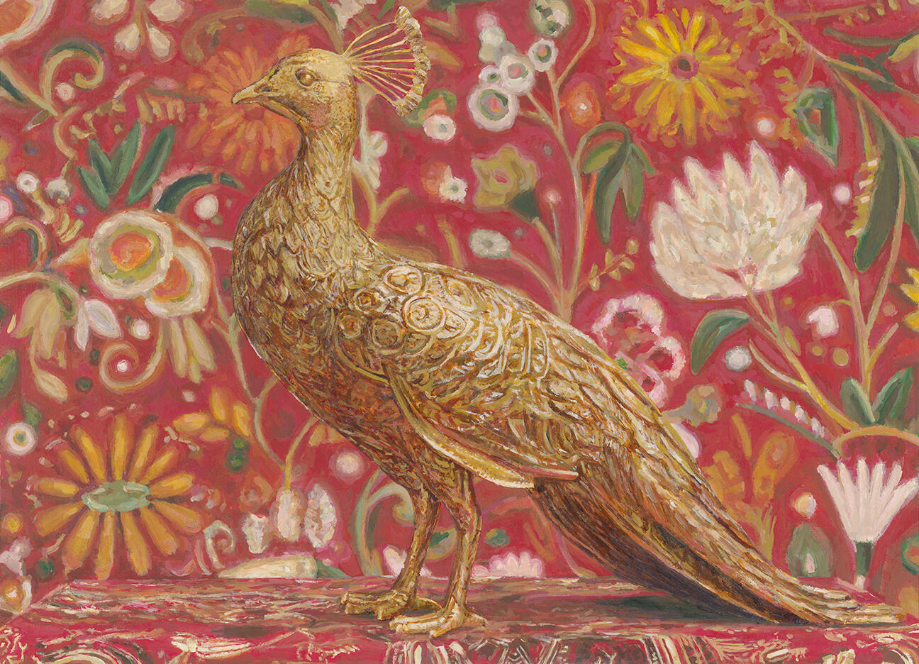An acrylic painting of a gold peacock. Acrylic and gold leaf on hardboard